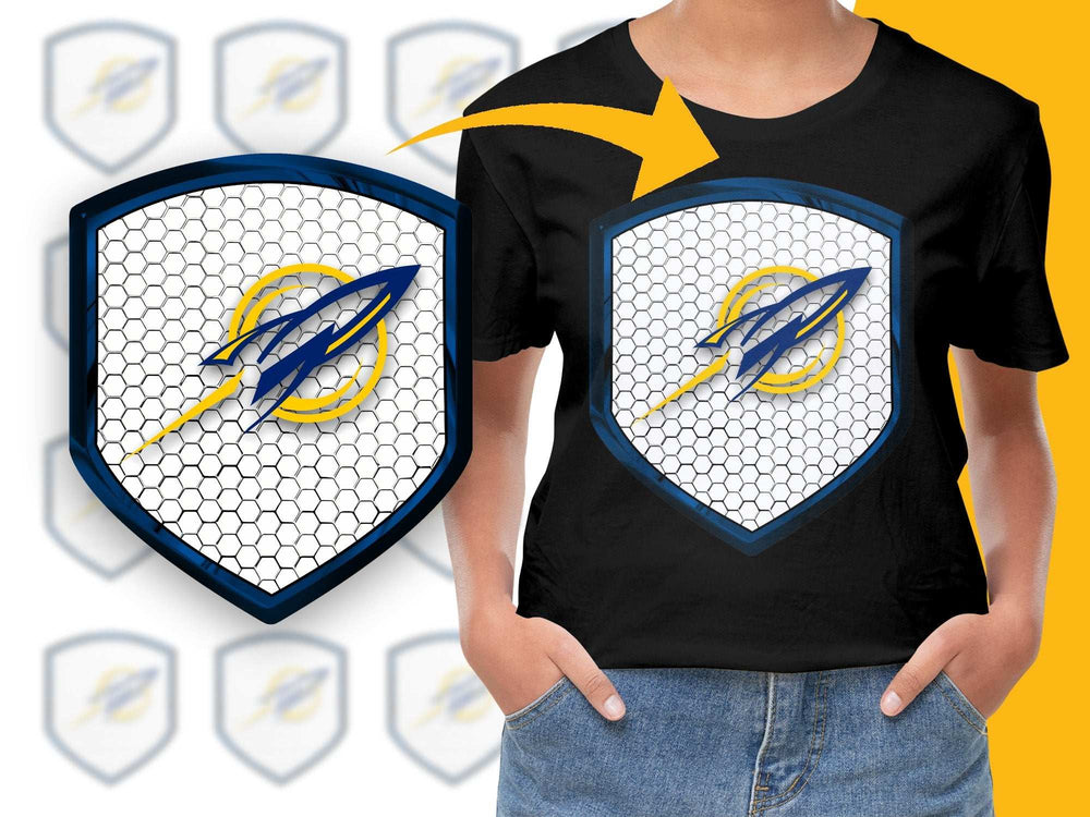 Lightning Bolt Emblem T-Shirt, Hexagonal Pattern Black Tee, Graphic Design Casual Wear for All Ages