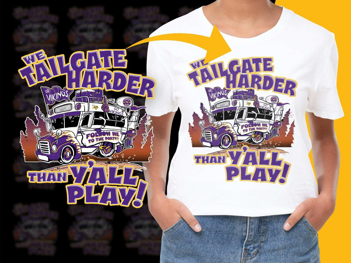Tailgate Harder Than Y'all Play T-Shirt, Vikings Football Fan Tee, Game Day Purple Truck Graphic Shirt