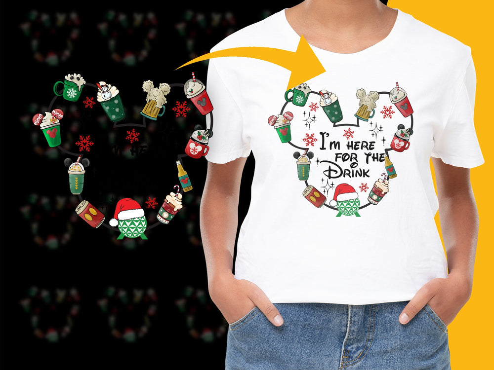 Women's Christmas T-Shirt, Funny Holiday Graphic Tee, I'm Here for the Drink, Festive Casual Apparel