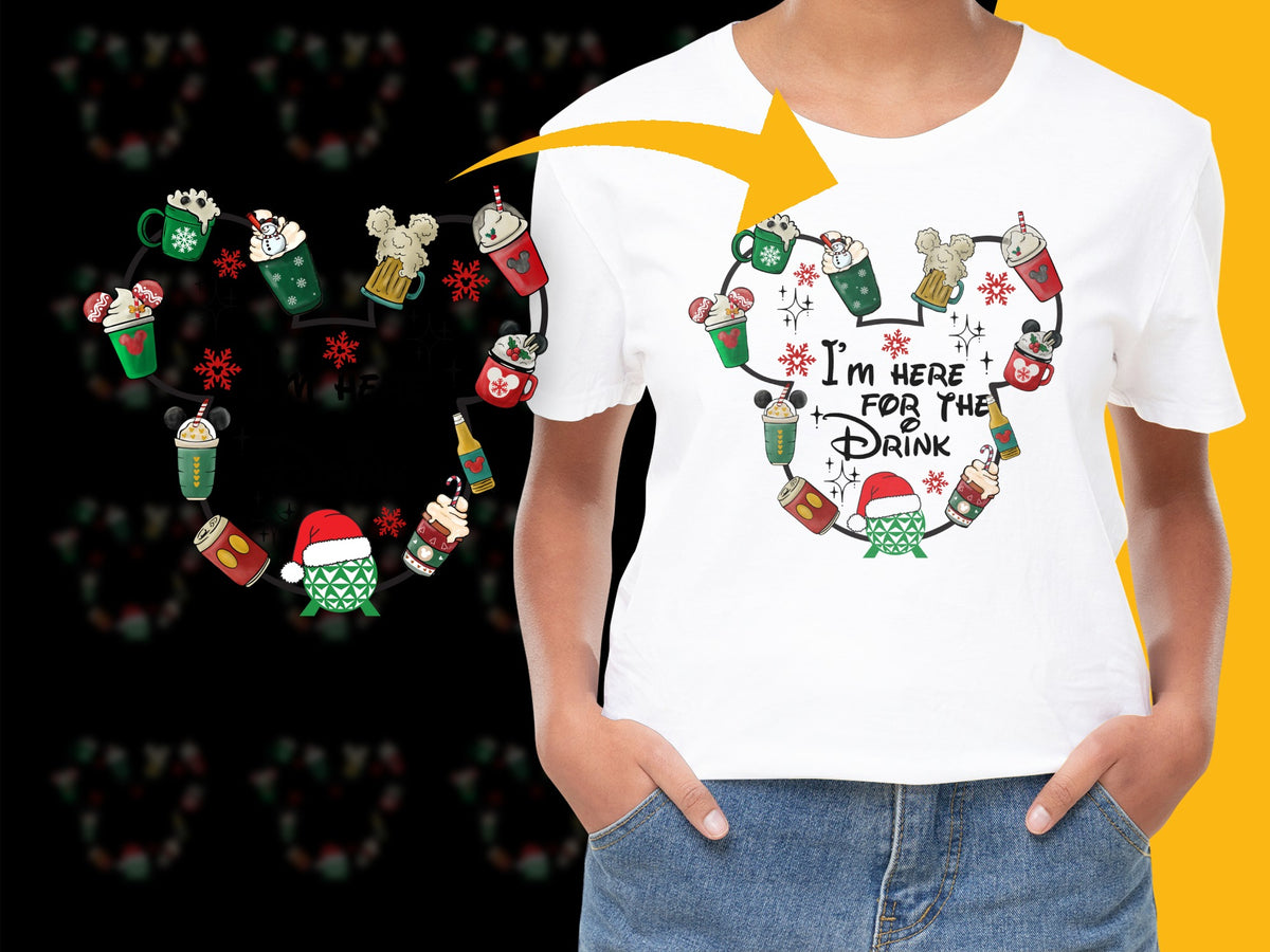 Women's Christmas T-Shirt, Funny Holiday Graphic Tee, I'm Here for the Drink, Festive Casual Apparel