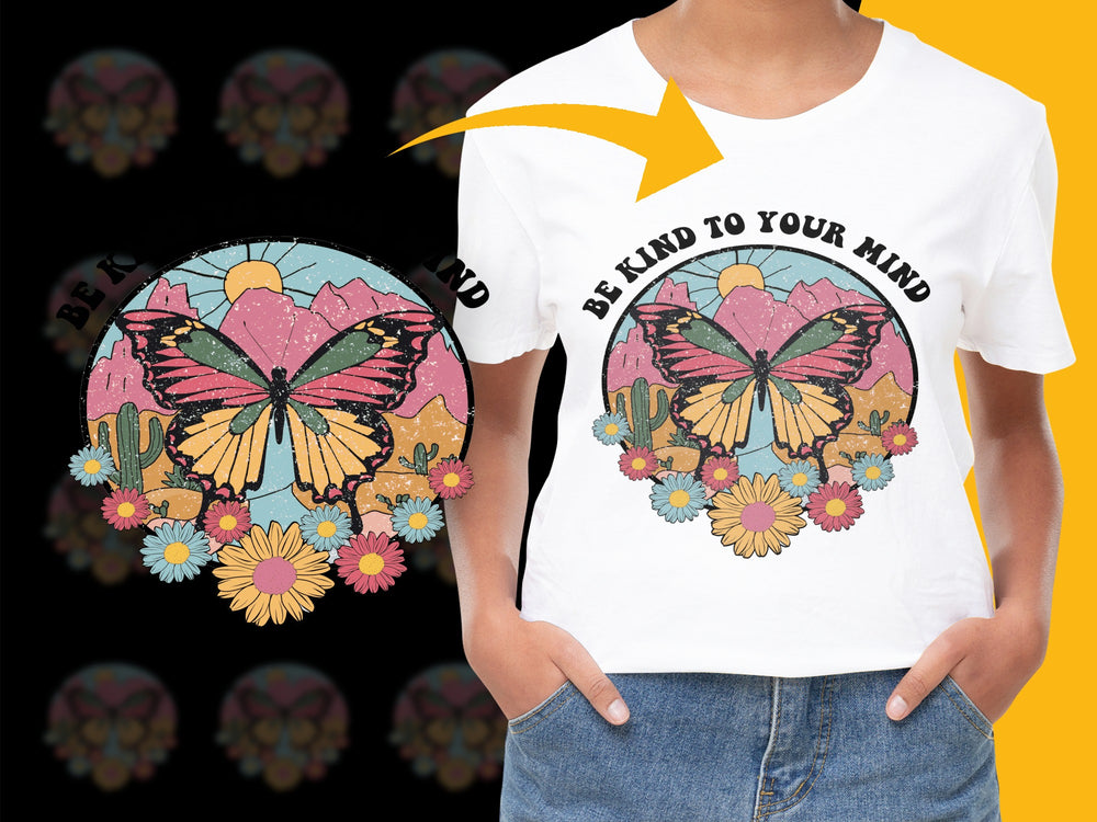 Be Kind to Your Mind Butterfly Graphic T-Shirt, Positive Mental Health Awareness Tee, Floral Butterfly Design, Inspirational Quote Top