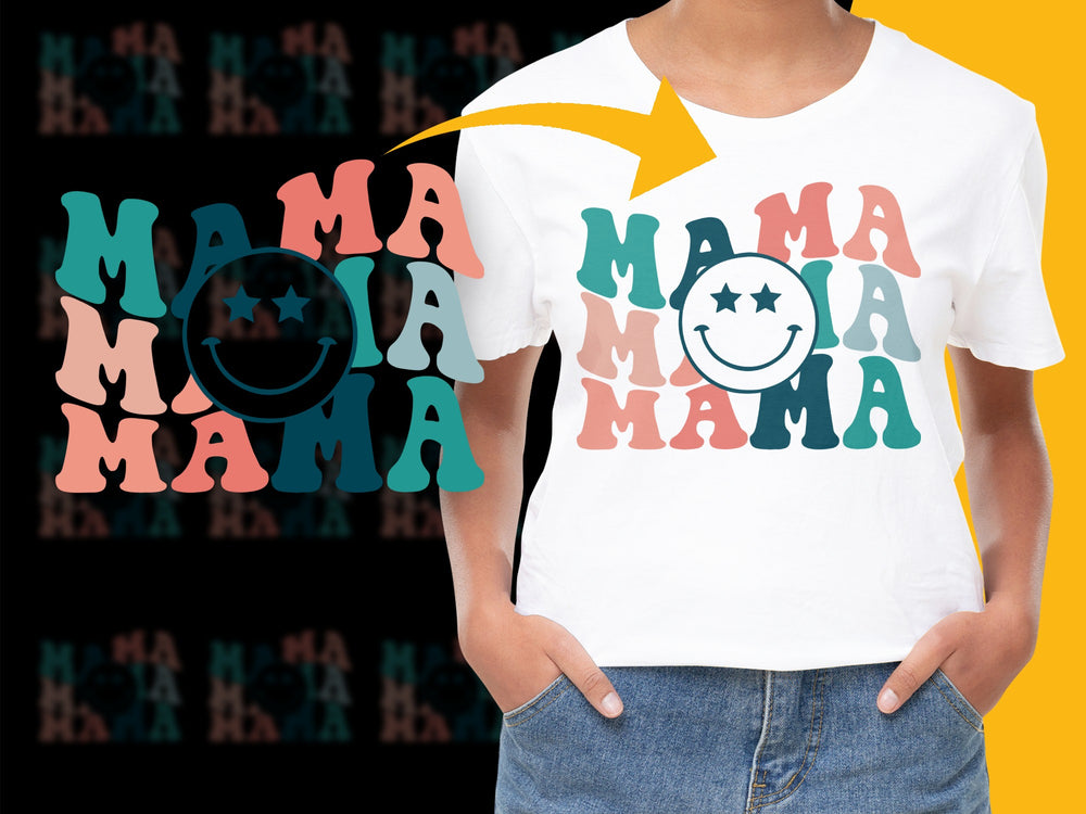 Mama Moia T-Shirt, Colorful Typography, Happy Face Graphic Tee, Unique Mother's Gift Idea
