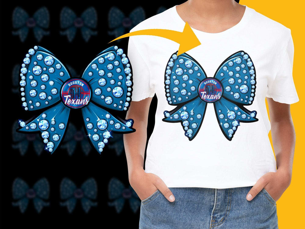Custom Houston Texans Inspired Bow Rhinestone T-Shirt, Blue Glitter Sports Fan Apparel, Gift for Her
