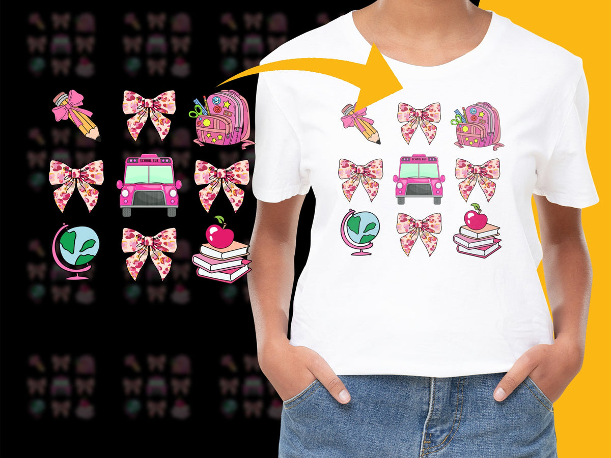 Kids Fashion Cute Graphic T-Shirt Pink Bows School Bus Books Trendy Casual Wear