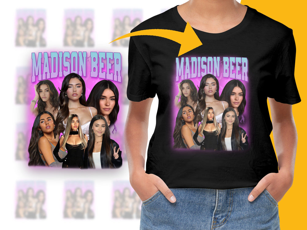 Madison Beer Graphic T-Shirt, Pop Music Fan Merch, Vibrant Pink Purple Design, Casual Wear