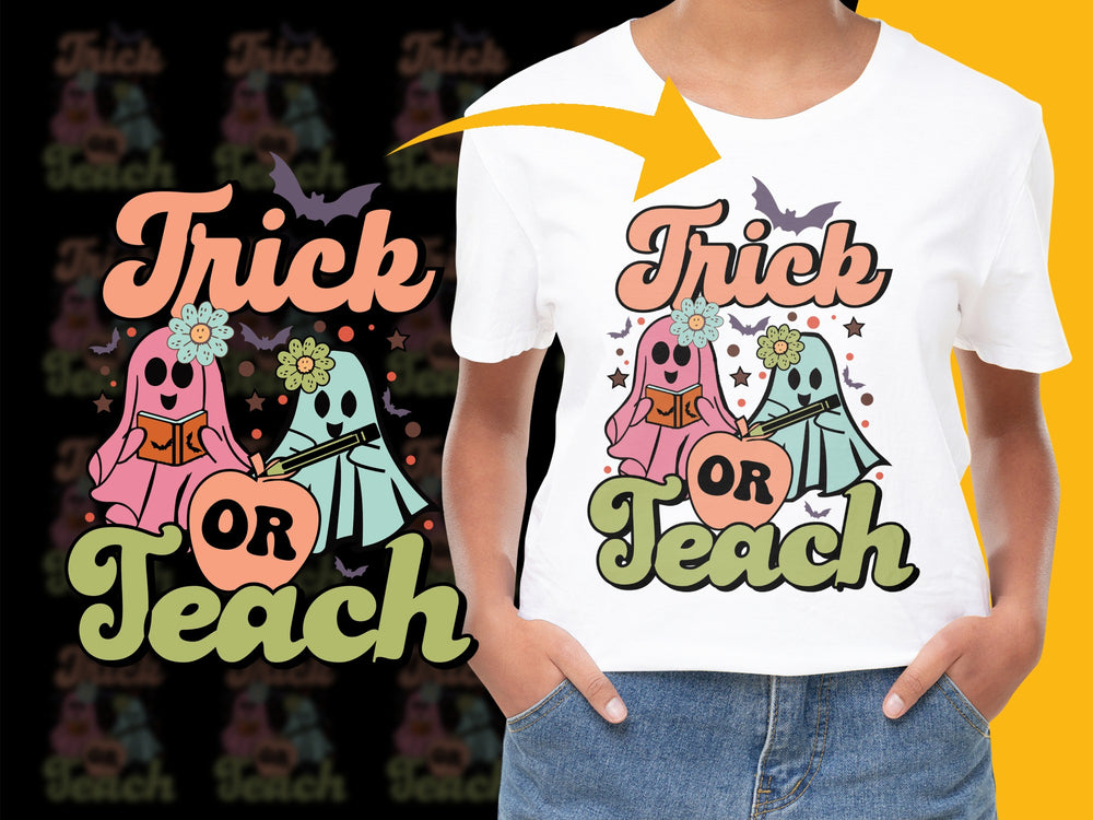Trick or Teach Halloween T-Shirt, Cute Ghost Graphic, Floral Pumpkin Design, Festive Fall Apparel