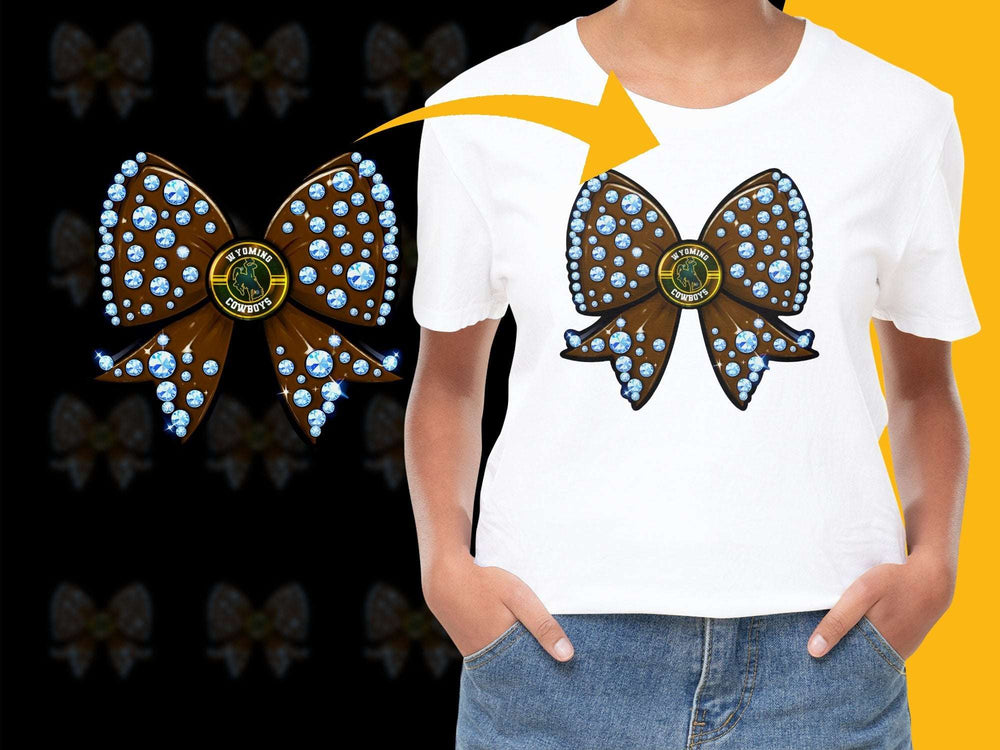 Women's White T-Shirt with Unique Brown Bow Design, Sparkling Rhinestone Details, Stylish Casual Wear
