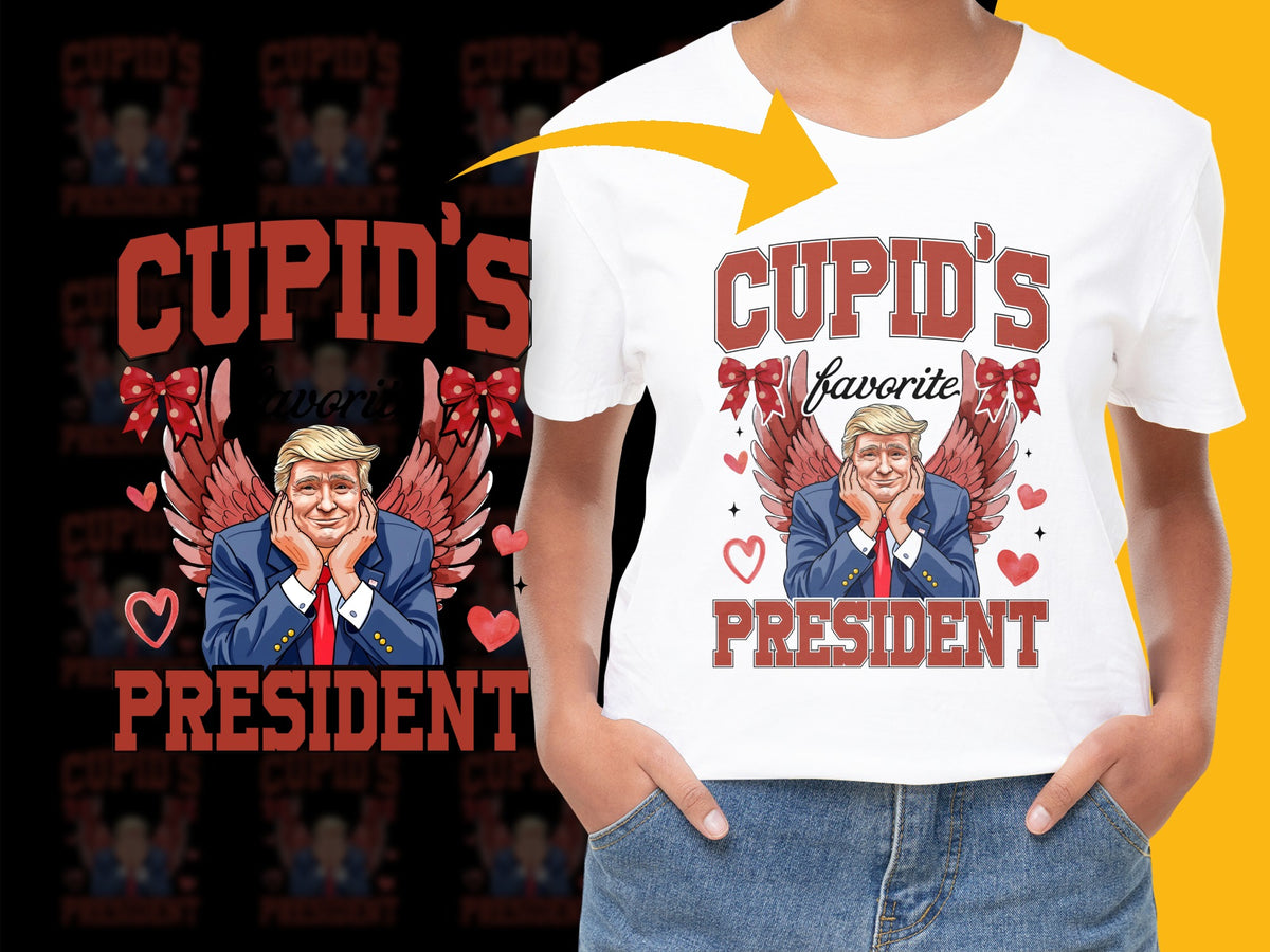 Cupid's Favorite President Graphic T-Shirt, Patriotic Valentine's Day Tee, Unisex Cotton Shirt with Angel Wings and Hearts Design