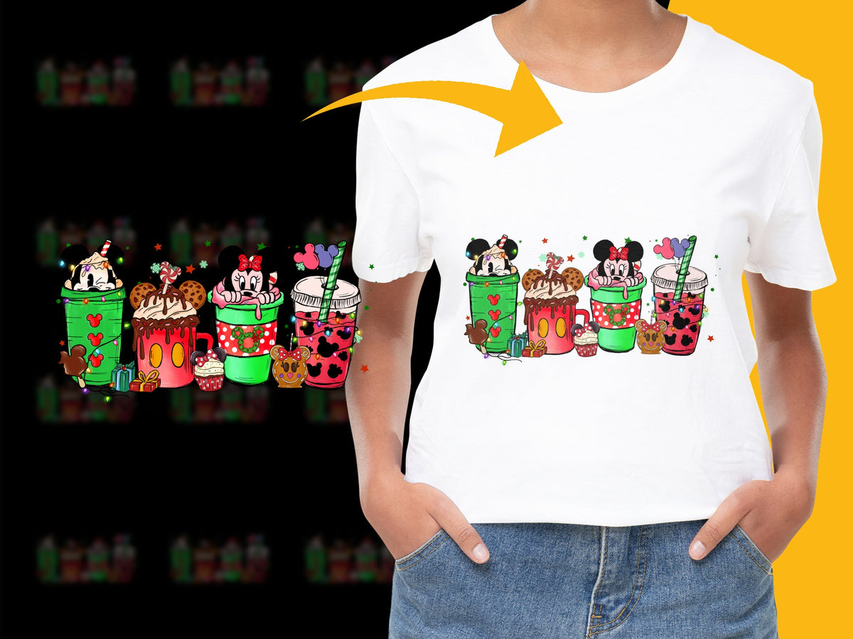 Cute Holiday Coffee Cups Graphic T-Shirt, Festive Winter Beverages Tee, Christmas Gift Idea, Unisex Casual White Shirt