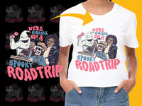 Load image into Gallery viewer, Spooky Roadtrip Graphic Tee, Halloween Horror Movie Characters, Vintage Style T-Shirt for Unisex
