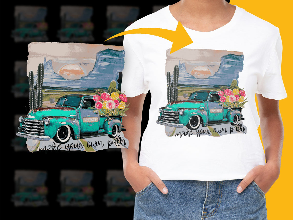 Vintage Truck Print T-Shirt, Floral Desert Scene, Southwest Style, Make Your Own Path, Colorful Fashion Top