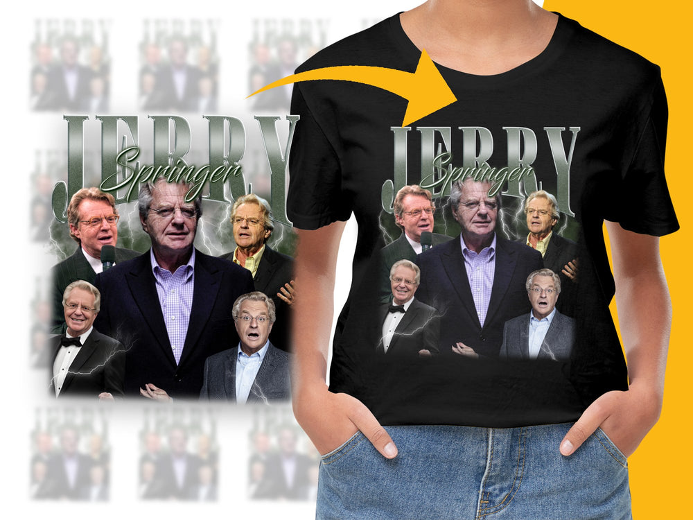 Jerry Springer Fan T-Shirt, Vintage TV Show Montage Graphic Tee, Unisex Black Cotton Shirt