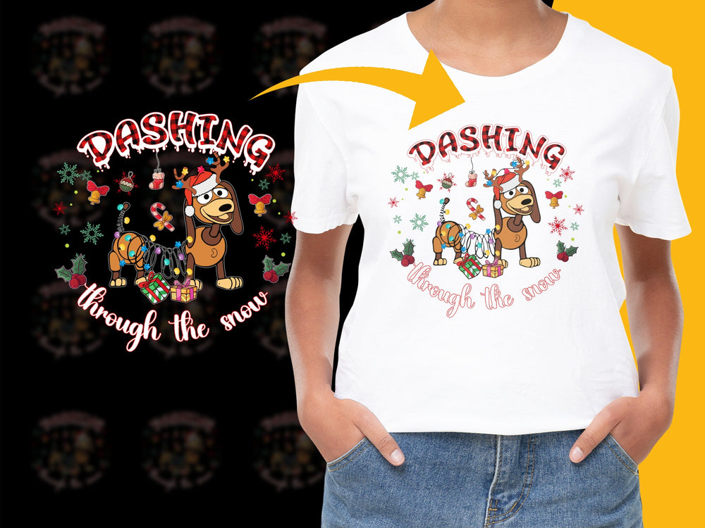 Christmas T-Shirt, Dashing Through the Snow Cartoon Dog Design, Festive Holiday Tee for All Ages