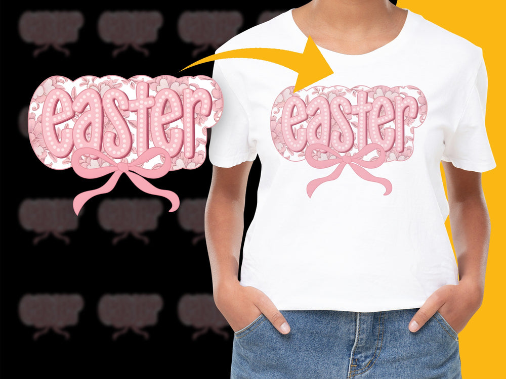 Easter T-Shirt with Pink Bow Design, Spring Holiday Casual Wear for All Ages, Cute Festive Apparel