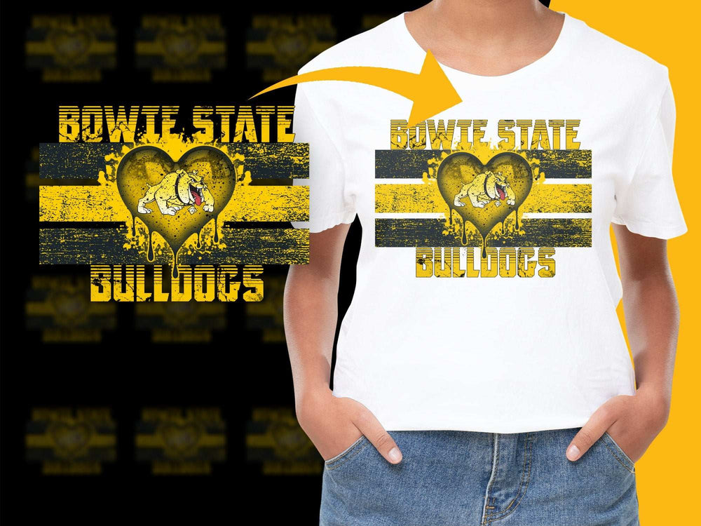 Bowie State Bulldogs T-Shirt, Vintage Black and Yellow College Tee, Heart Graphic Design, Casual Wear