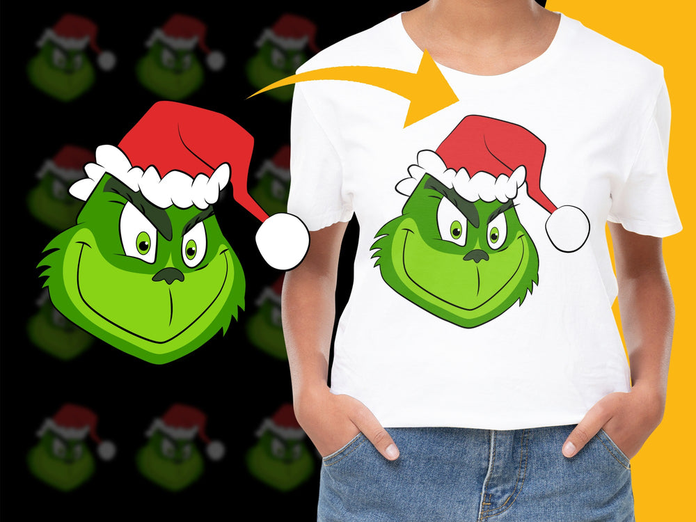 Kids Christmas T-Shirt, Grinch Face with Santa Hat, Holiday Graphic Tee, Festive Children's Apparel, Green and Red