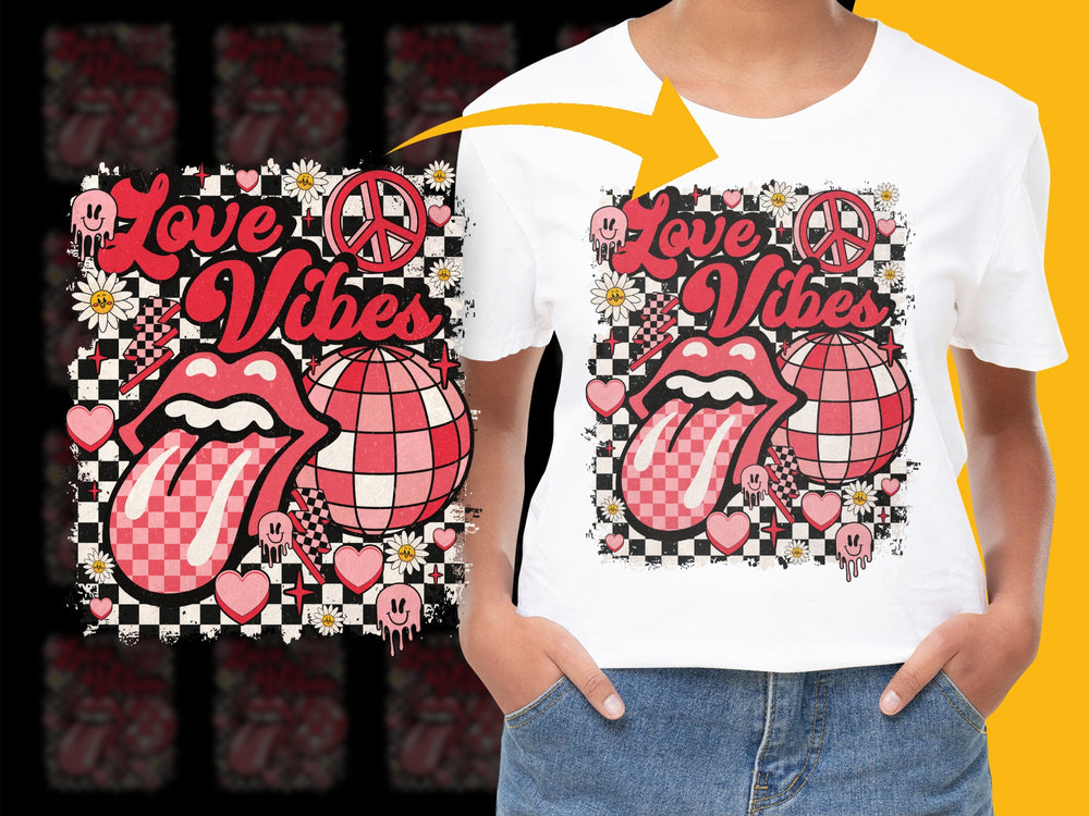 Love Vibes Graphic T-Shirt, Retro Peace Sign and Lips Design, Checkerboard Flower Hipster Tee for Unisex