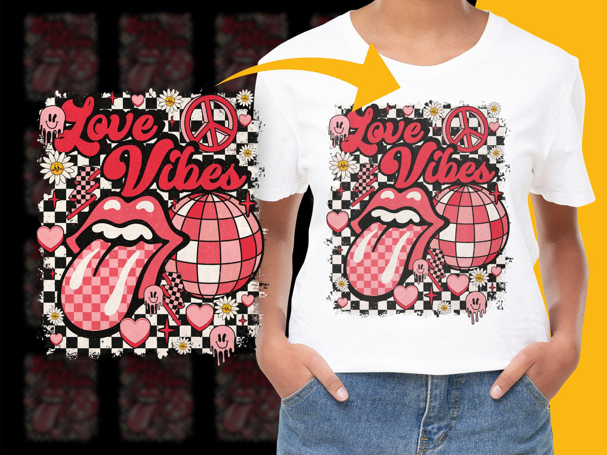 Love Vibes Graphic T-Shirt, Retro Peace Sign and Lips Design, Checkerboard Flower Hipster Tee for Unisex