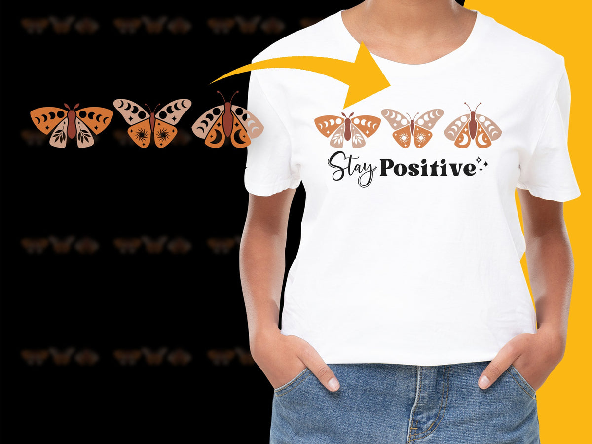Women's Inspirational T-Shirt, Stay Positive Quote, Orange Butterfly Graphic, Casual White Tee
