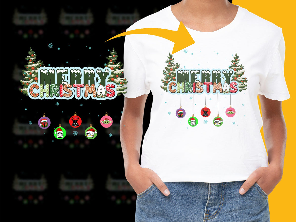 Merry Christmas Holiday T-Shirt with Festive Tree and Ornaments Design, Unisex White Tee