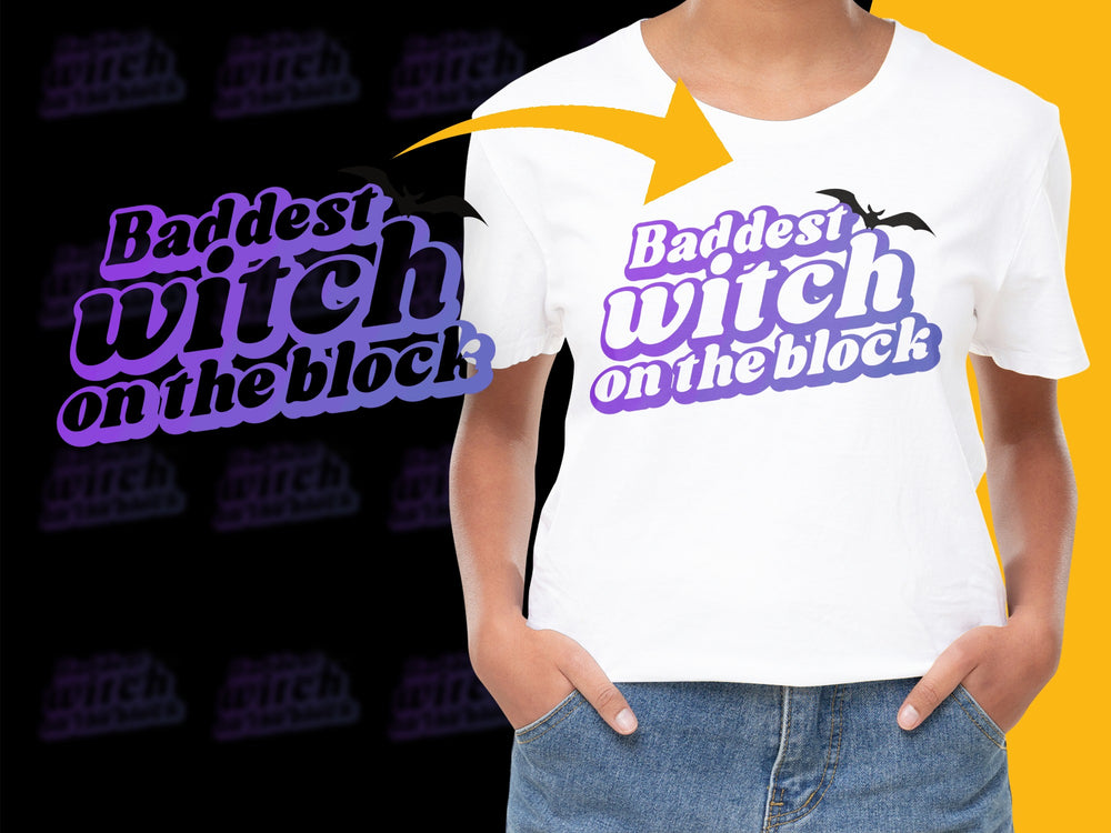 Baddest Witch on the Block T-Shirt, Halloween Graphic Tee, Witchy Clothing, Women's Halloween Fashion, Spooky Season Shirt, Bat Design