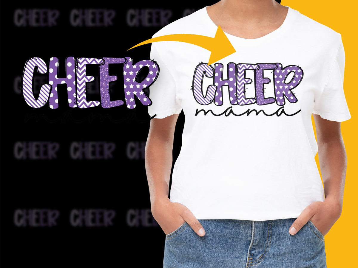 Cheer Mama T-Shirt, Purple Glitter Cheerleader Mom Tee, Customizable Cheer Parent Apparel, Supportive Sports Parent Shirt