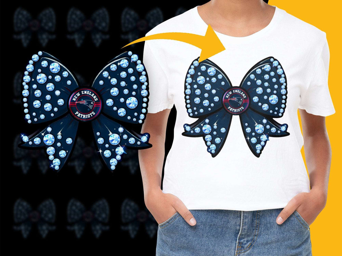 Women's White T-Shirt with Large Blue Bow Rhinestone Design, Casual Fashion Top