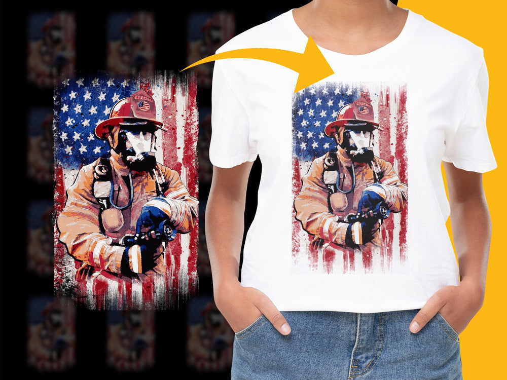 Firefighter Graphic T-Shirt, Patriotic American Flag Print, Fireman Tee, Bold Colors, Casual Wear, Unique Design, Gift for Firefighters