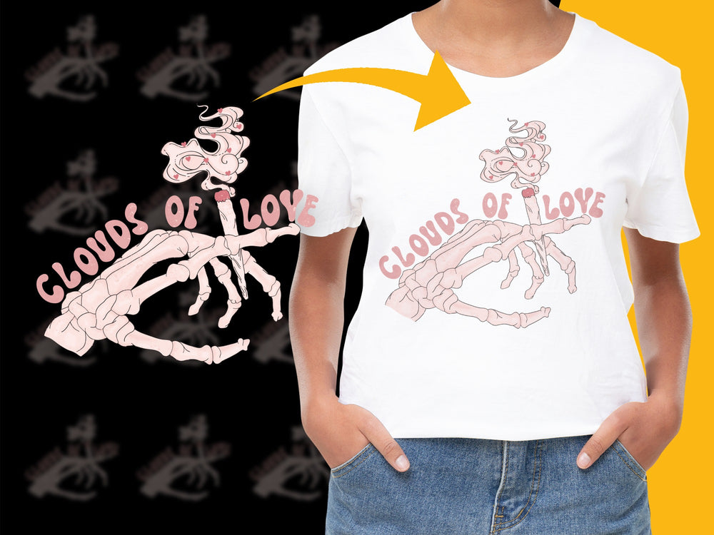 Unique Clouds of Love Graphic Tee, Trendy Pink Skeleton Design, Unisex Fashion T-Shirt