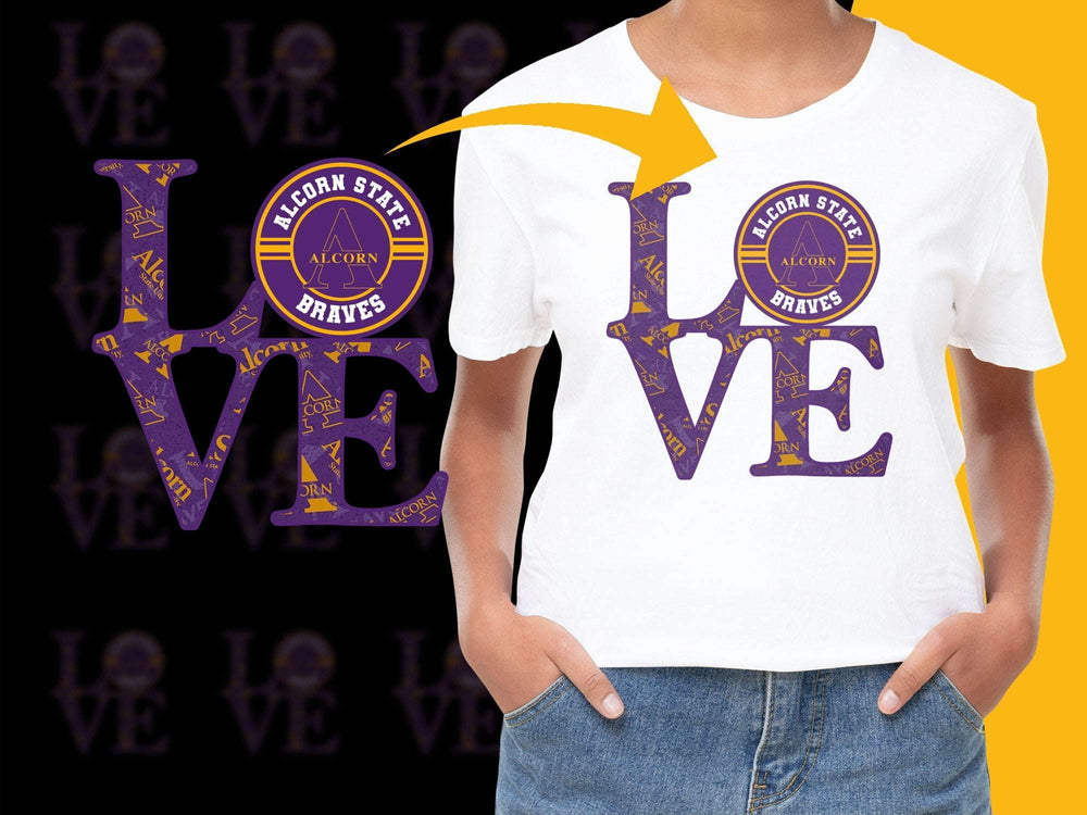 Alcorn State University Braves Love T-Shirt, Purple Gold College Fan Apparel, Supportive Sports Fashion, Unique Graphic Tee Design