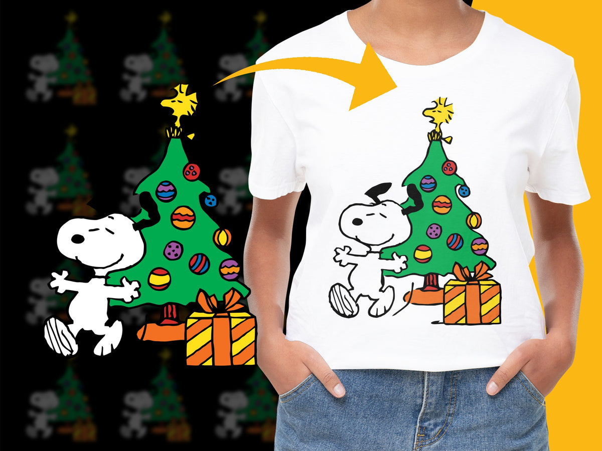 Snoopy Christmas Tree T-Shirt, Holiday Gifts for Family, Peanuts Cartoon Festive Apparel