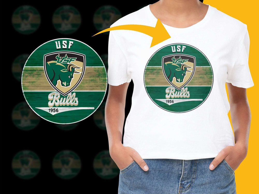 USF Bulls Vintage Logo T-Shirt, Retro 1956 Graphic Tee, College Sports Apparel, Green and White Striped Cotton Shirt for Fans