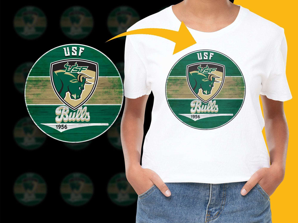 USF Bulls Vintage Logo T-Shirt, Retro 1956 Graphic Tee, College Sports Apparel, Green and White Striped Cotton Shirt for Fans
