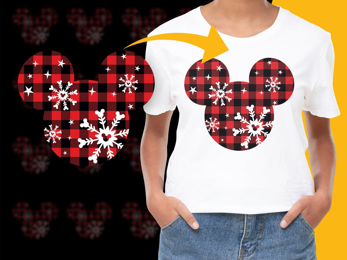 Red Plaid Disney Inspired T-Shirt, Mickey Mouse Snowflake Design, Casual Wear for Disney Trips, Unisex Adult Sizes