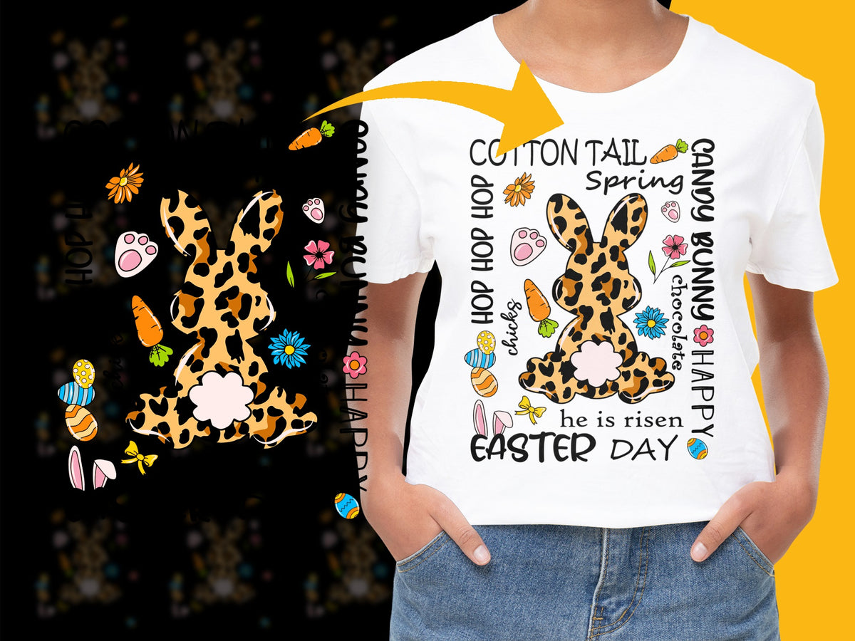 Easter Day T-Shirt, Leopard Print Bunny, Kids Spring Holiday Tee, Colorful Easter Eggs and Flowers Graphic Shirt