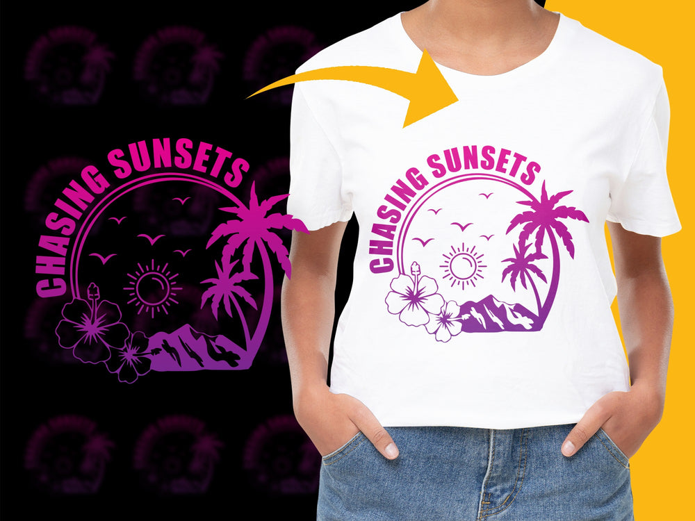 Chasing Sunsets Graphic T-Shirt, Tropical Palm Tree Design, Vibrant Summer Tee, Unisex Top