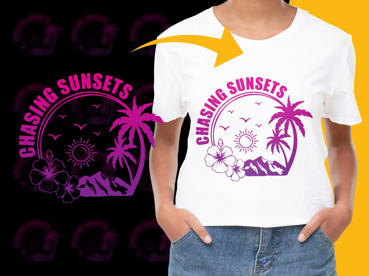 Chasing Sunsets Graphic T-Shirt, Tropical Palm Tree Design, Vibrant Summer Tee, Unisex Top