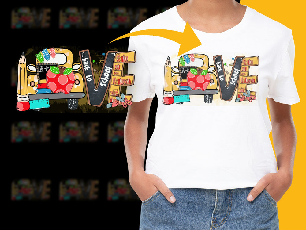 Colorful Love School Supplies Graphic T-Shirt, Fun Teacher Gift, Unisex Kids' Fashion Tee