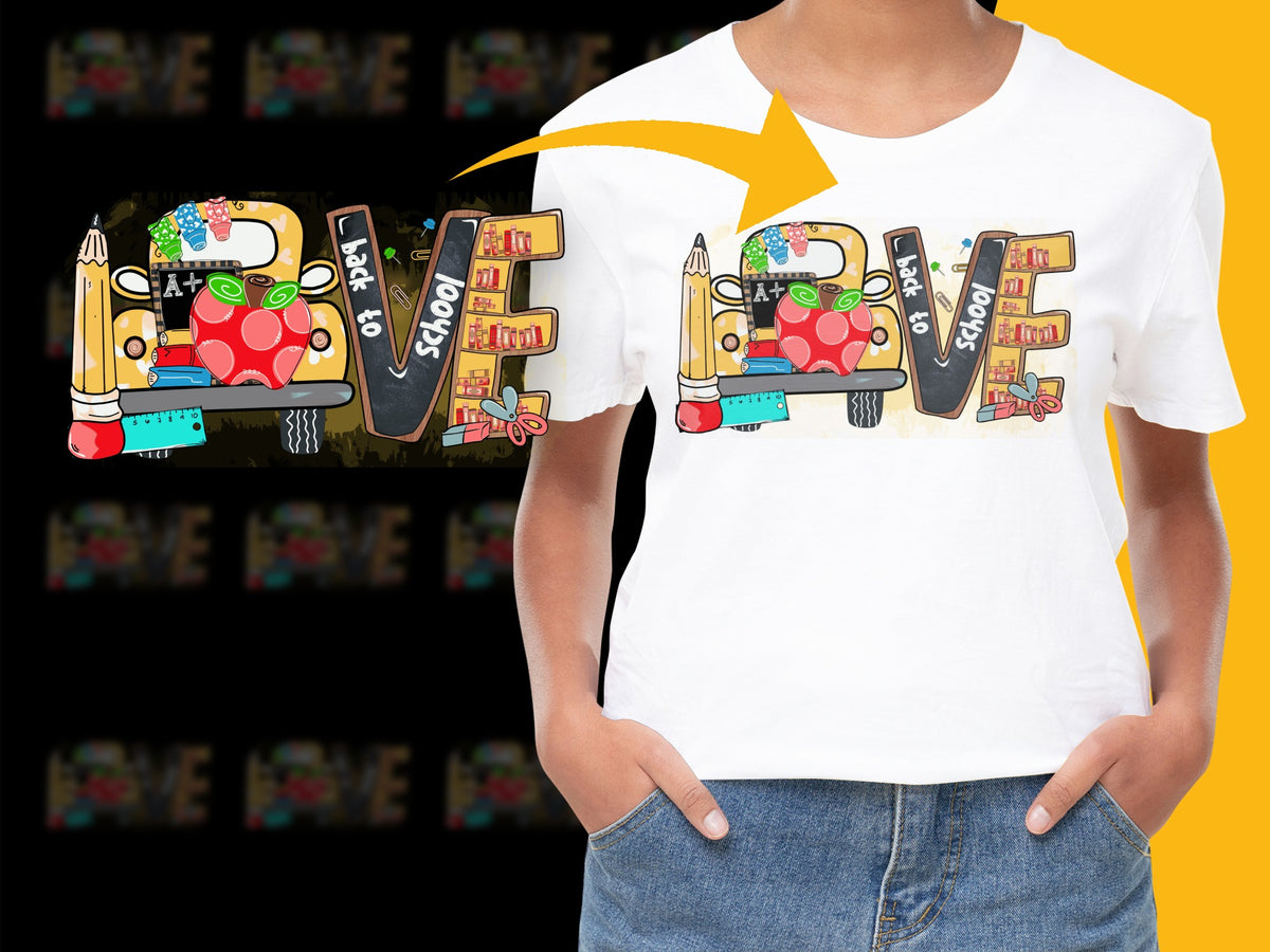 Colorful Love School Supplies Graphic T-Shirt, Fun Teacher Gift, Unisex Kids' Fashion Tee