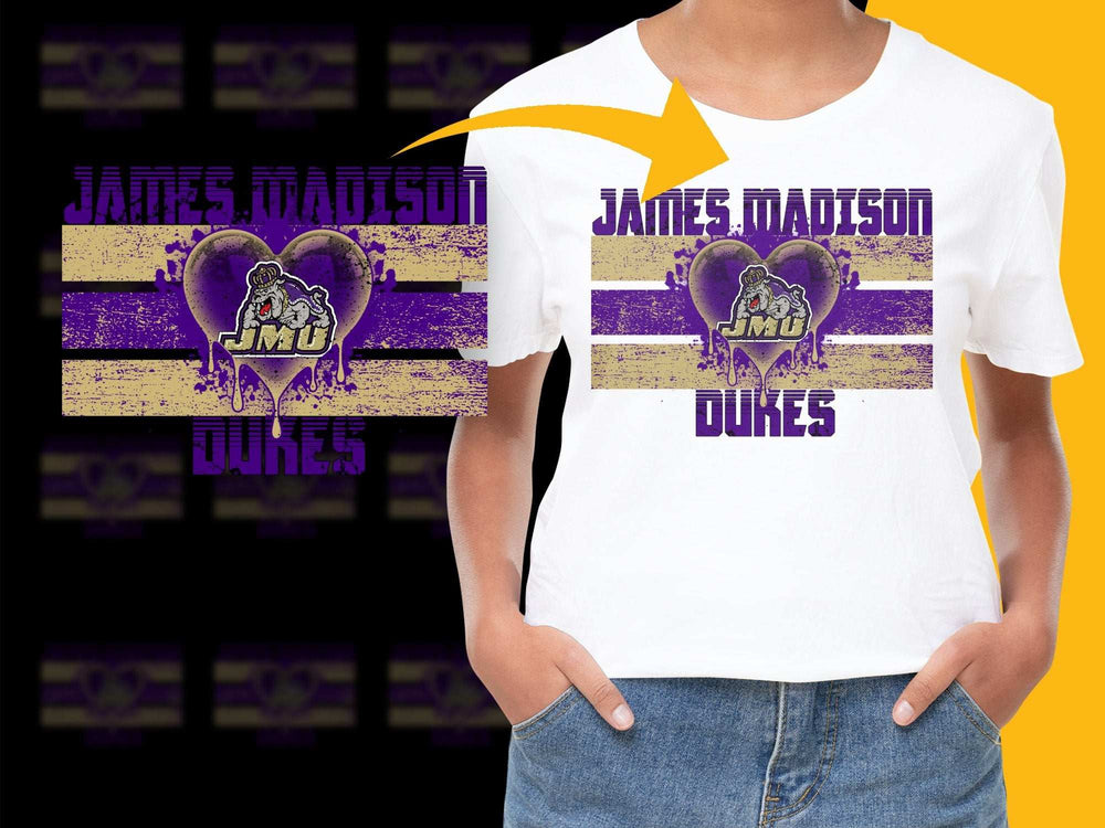 James Madison University JMU Dukes Graphic T-Shirt, College Fan Apparel, Purple and Yellow Tee