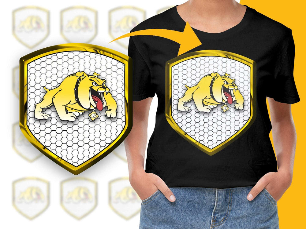 Youth Cartoon Bulldog Graphic T-Shirt, Kids' Bold Yellow and Black Tee, Fun Animal Shirt for Children