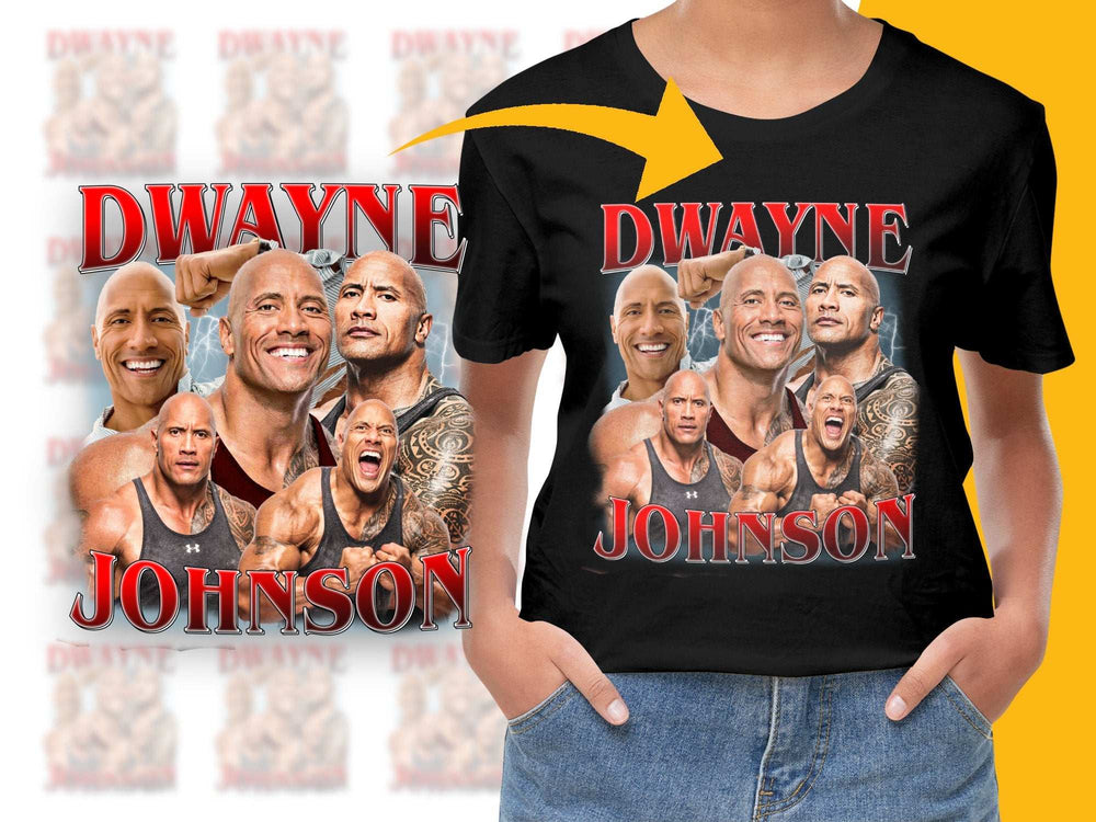 Dwayne Johnson Graphic T-Shirt, Movie Star Fan Tee, Wrestling Icon, Multiple Poses, Unisex Black Shirt