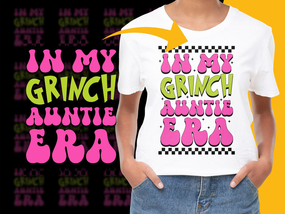 Grinch Auntie Era T-Shirt, Funny Christmas Gift, Holiday Family Tee, Pink Black Design