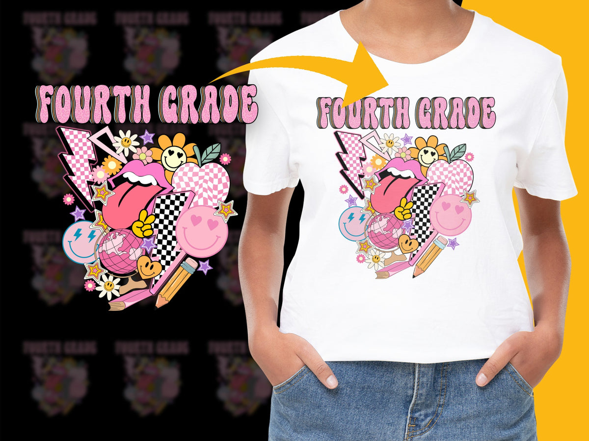 Fourth Grade Cute T-Shirt, Colorful School Theme Graphic Tee, Kids Fun Fruit Design, Trendy Youth Fashion Top