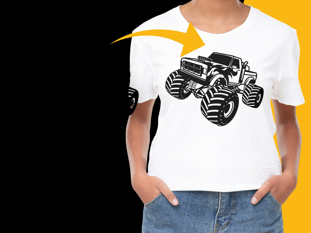 Kids Monster Truck T-Shirt, Bold Black Graphic Tee, Boys Cool Vehicle Shirt, Casual Cotton Top, Unique Children's Apparel