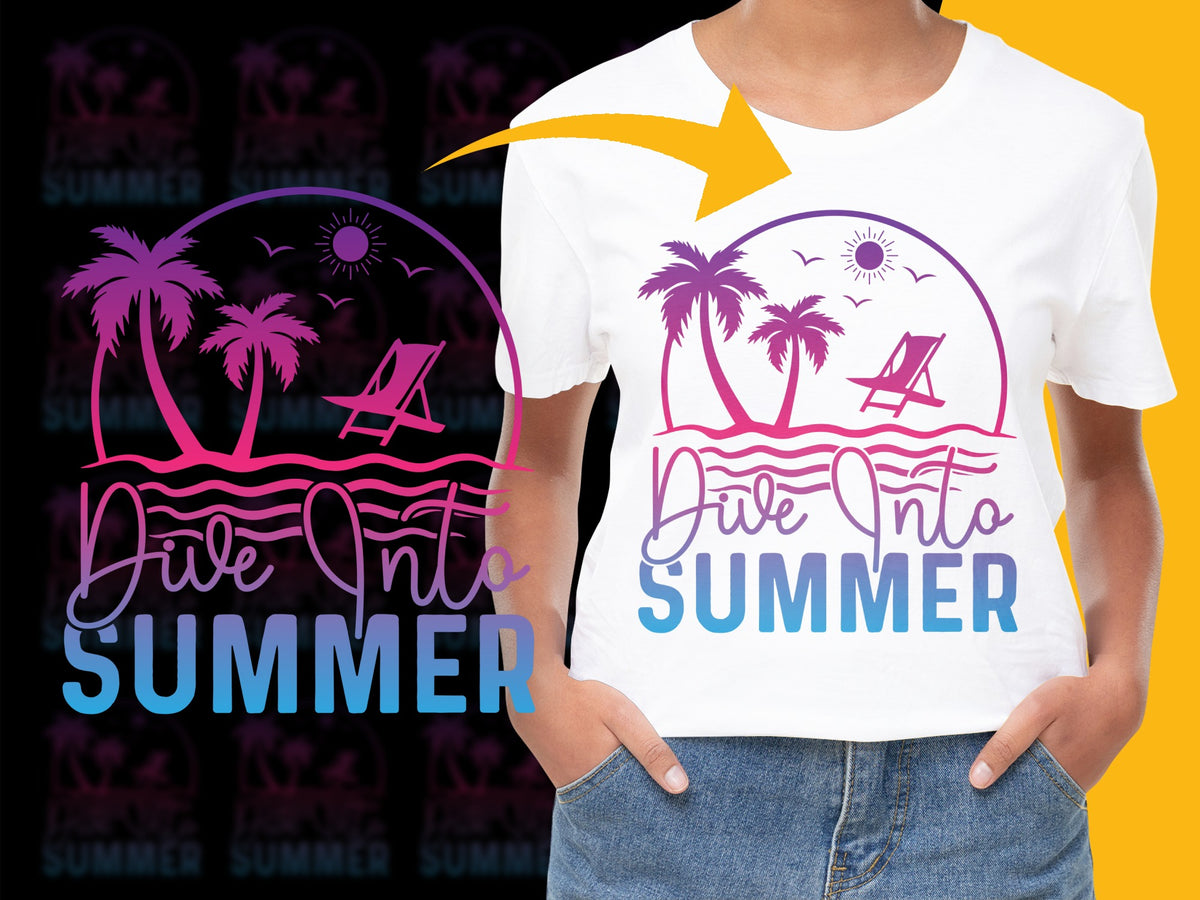 Dive Into Summer T-Shirt, Vibrant Beach Sunset Graphic Tee, Unisex Tropical Palm Design Shirt