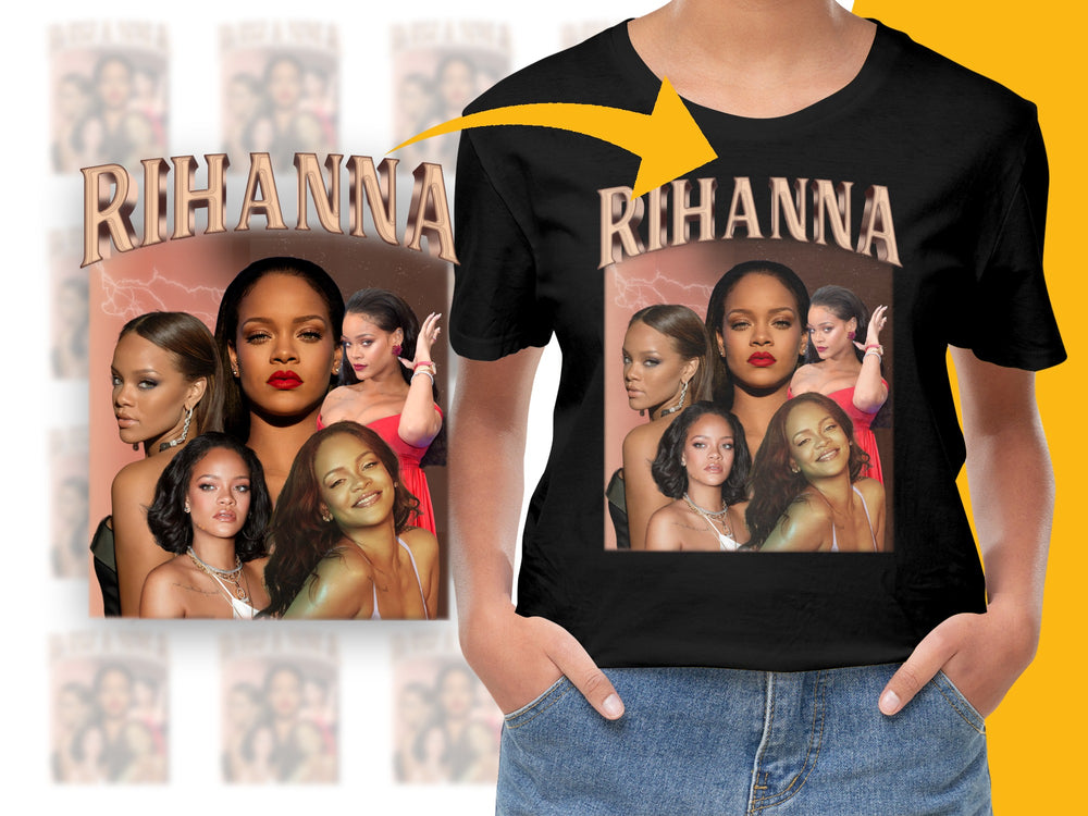 Rihanna Inspired Collage T-Shirt, Graphic Tee, Pop Star Fan Merch, Musician Tribute Shirt, Casual Streetwear, Unique Gift Idea.