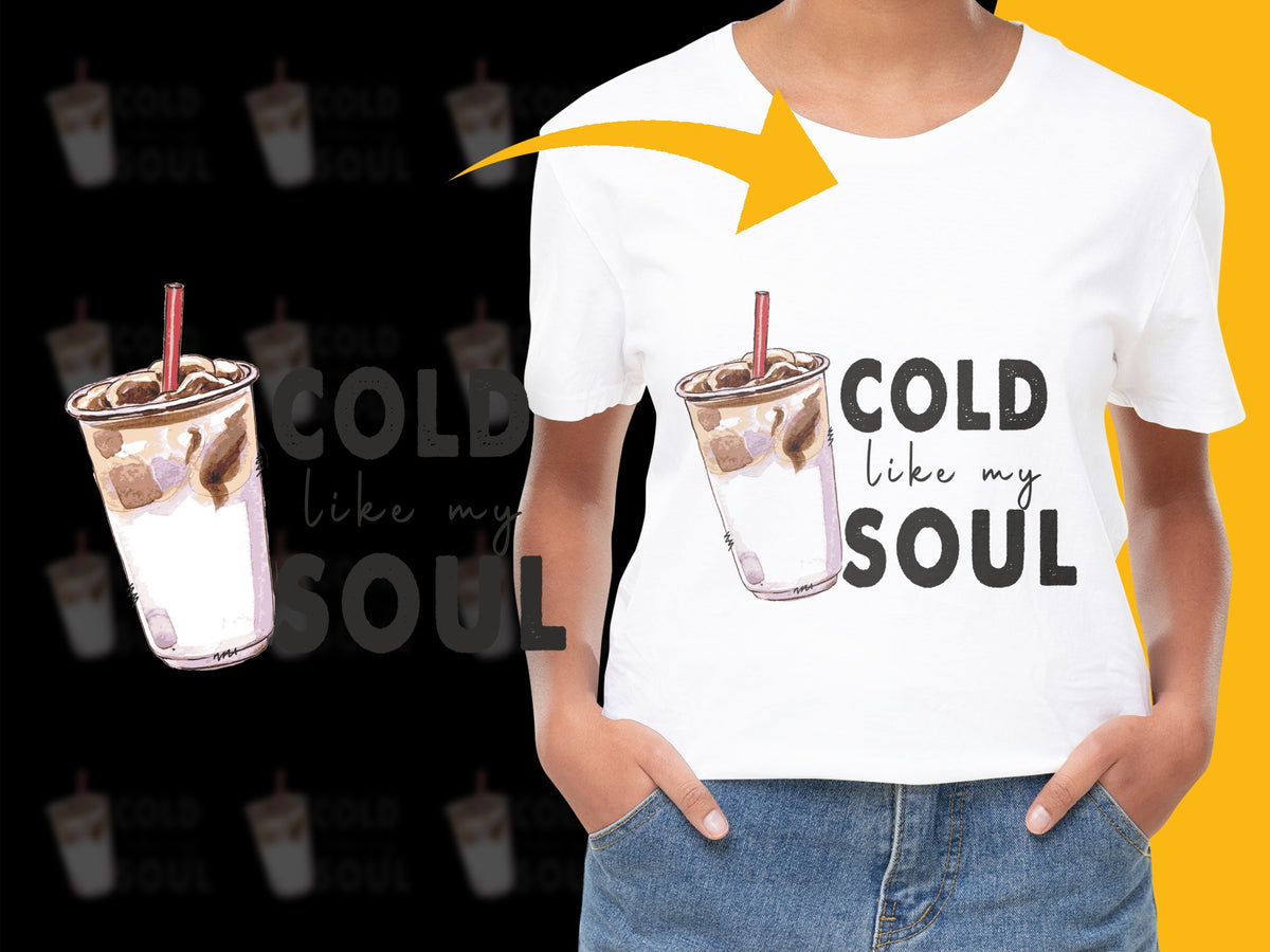 Funny Iced Coffee T-Shirt, 'Cold Like My Soul' Graphic Tee, Unisex White Cotton Shirt for Coffee Lovers