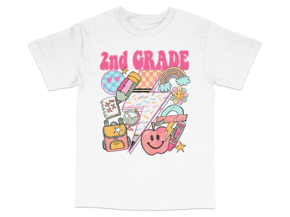 Kids 2nd Grade T-Shirt, Cute School Supplies Graphic Tee, Colorful Rainbow and Pencil Design, Unisex Children’s Casual Wear