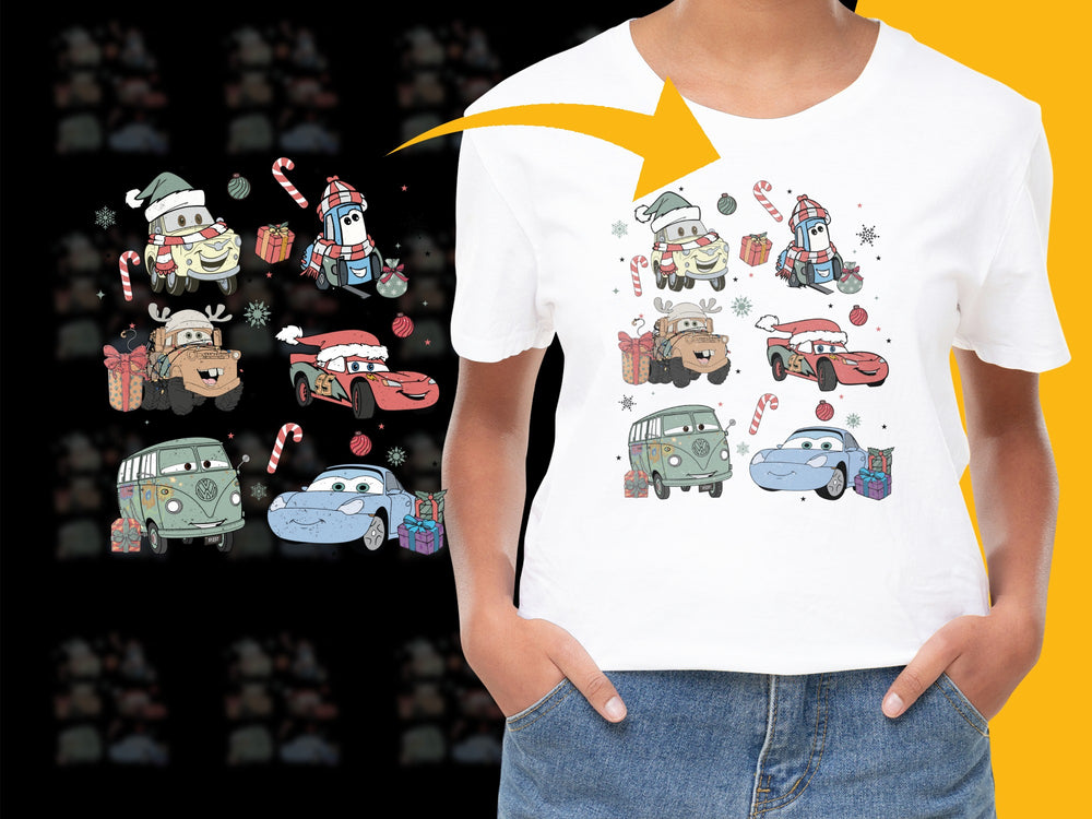 Cartoon Winter Holiday Themed T-Shirt, Kids Christmas Graphic Tee, Festive Characters and Cars Print